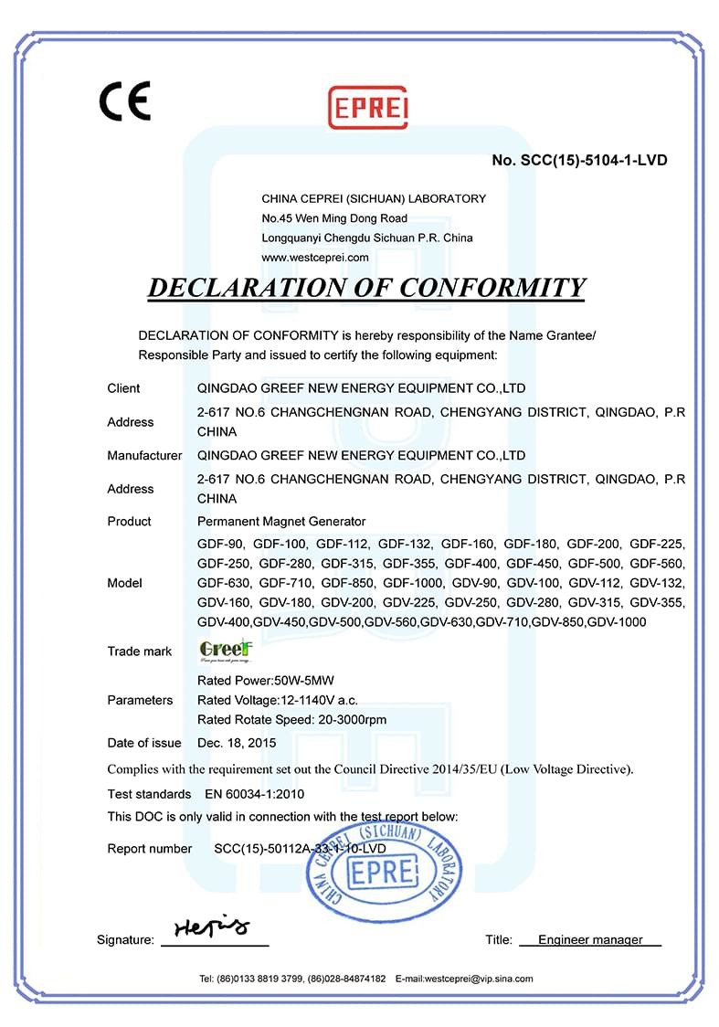 Китай Qingdao Greef New Energy Equipment Co., Ltd Сертификаты